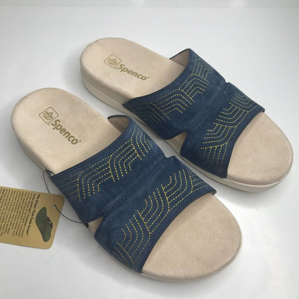 Spenco Twilight Ellie Sandal Womens 10 Peacoat Blue Gold Stitching NEW Comfort